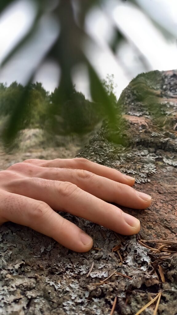 Niels zijn hand op een rots steen in Zweden